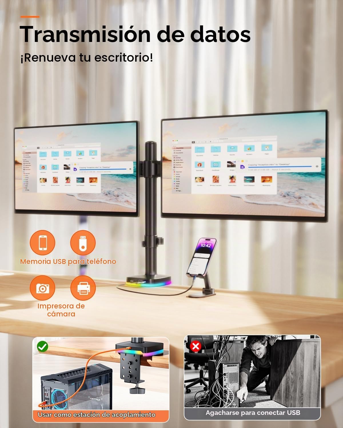 Afaloona Brazo de monitor dual RGB con concentrador USB, soporte de