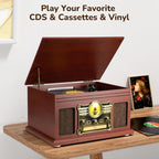 Reproductor de Discos Bluetooth 10 en 1, Giradiscos de 3 Velocidades para Vinilo con Altavoces, Convertidor de LP a MP3, CD, Reproductor de Casete, Radio FM, Transmisión Inalámbrica | Caoba
