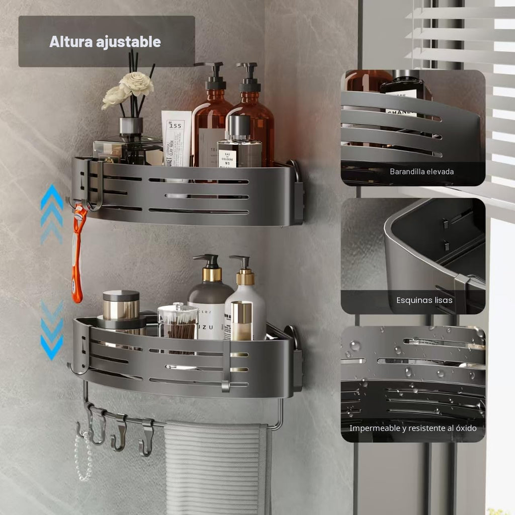 Organizador de ducha esquinero con ventosa, estantes esquineros de ducha sin perforación, organizador de ducha de aluminio mejorado con barra de toalla y ganchos, estante de almacenamiento de baño extraíble (paquete de 3, gris)