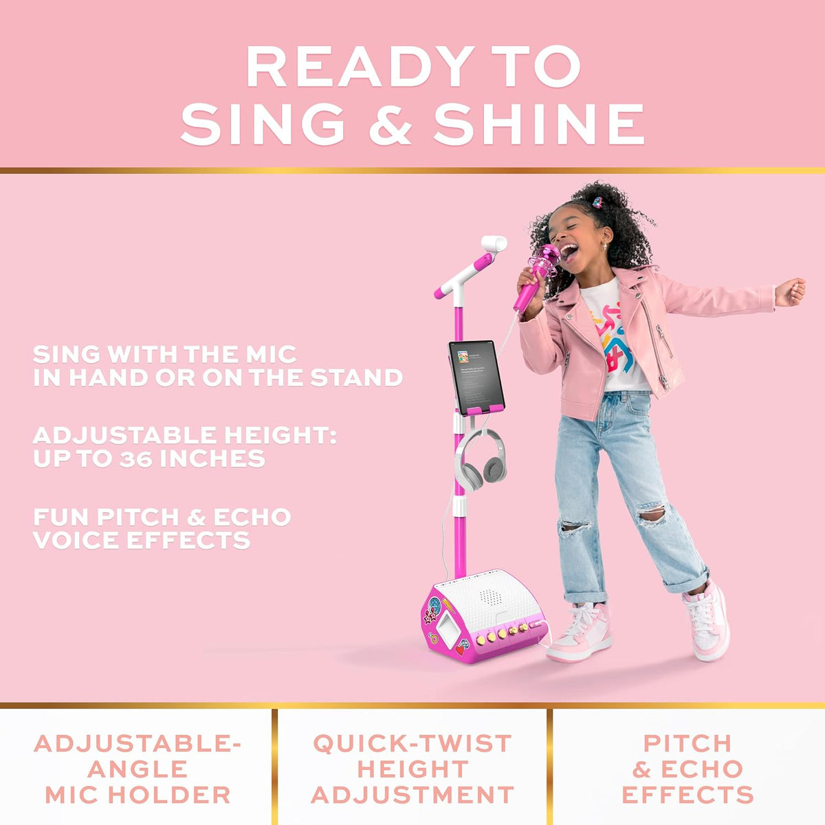 FAO Schwarz Micrófono de karaoke con soporte, soporte para dispositivos y