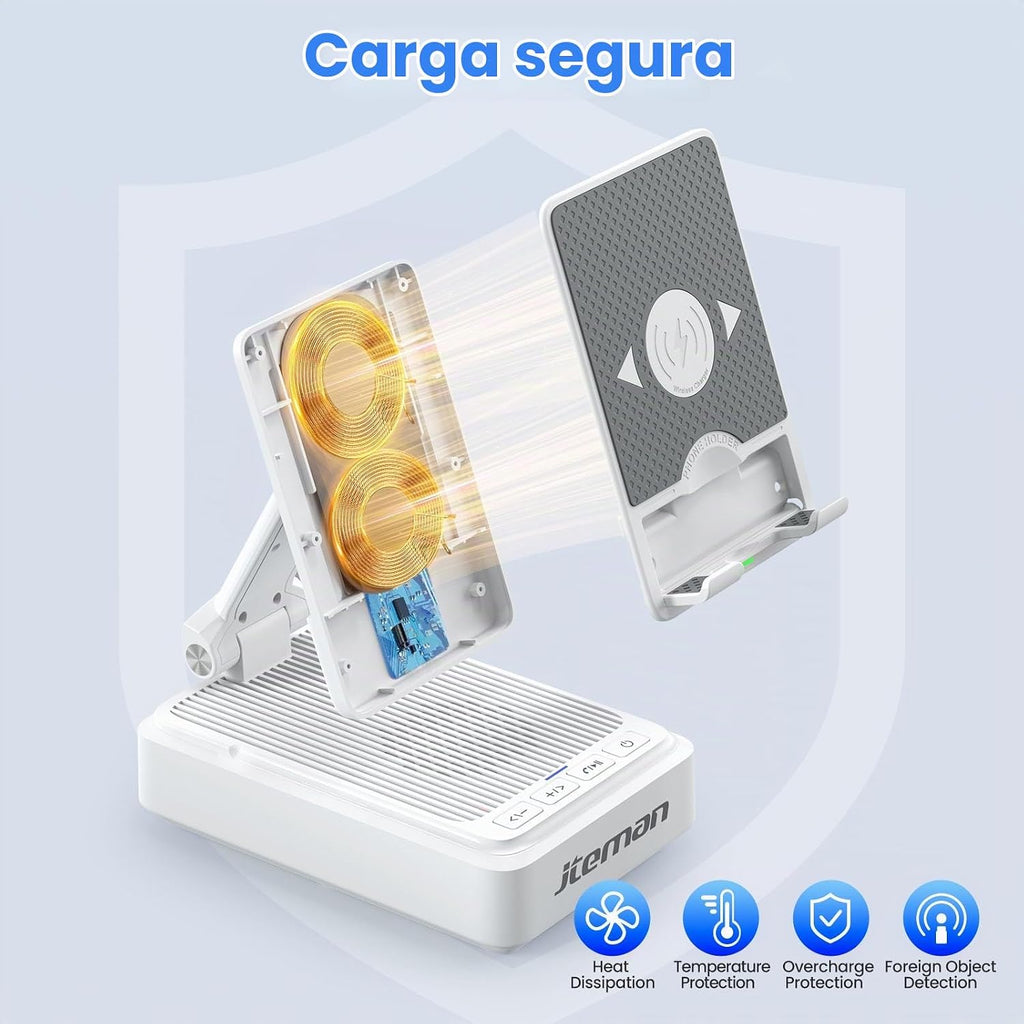 Jteman Soporte para teléfono móvil con altavoz Bluetooth y cargador inalámbrico