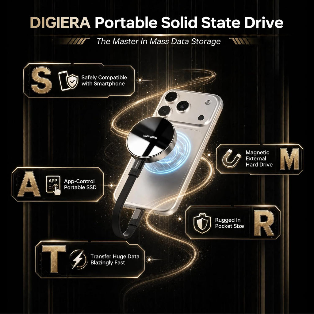 DIGIERA SSD portátil magnético de 1 TB, unidades de estado sólido externas con USB-C 3.2 Gen 2x2, velocidad de hasta 2000 MB/s, compacta y duradera, compatible con iPhone 15/16/17 Series y otros dispositivos USB-C, color negro
