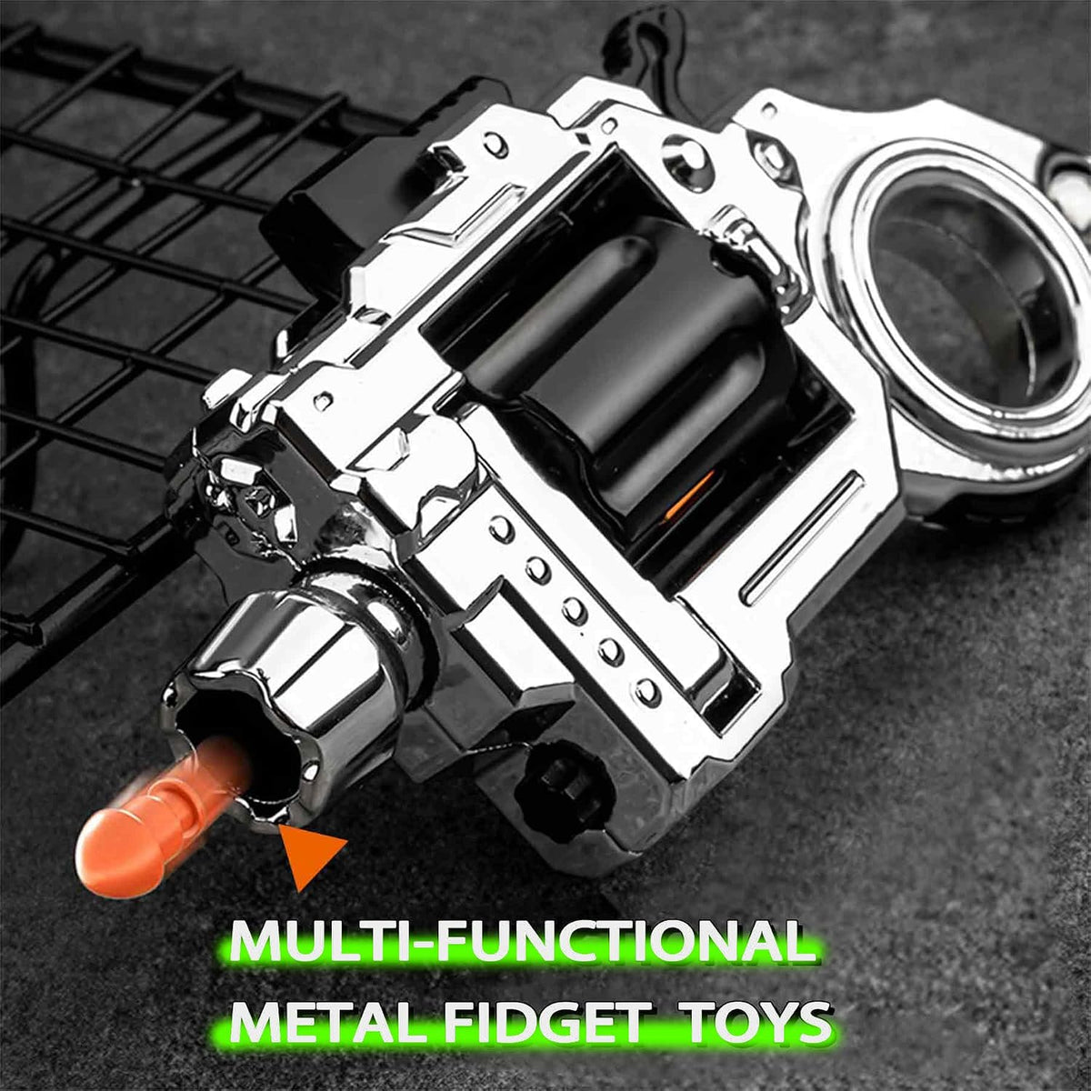 Juguetes sensoriales de metal para adultos con pistola: anillo para la ansiedad para hombres, alivio del estrés, alivio del estrés, alivio del estrés, para concentración de dedos, oficina, estudio, viajes (plata brillante)