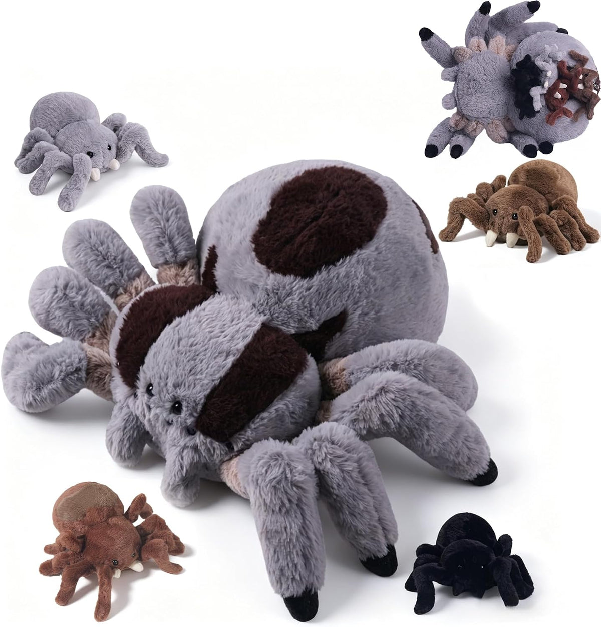 Peluche de araña con 4 bebés en vientre con cremallera, juguete de peluche