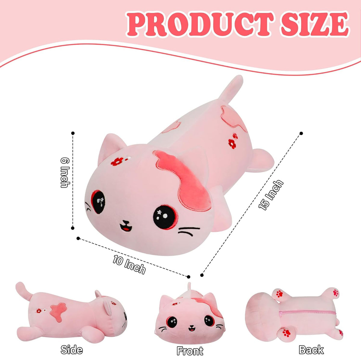 Peluche de gato con peso para microondas, 2.2 libras, peluche de gato rosa grande, lavable a máquina, sin perfume, bonita almohadilla térmica de animal, juguete de peluche cálido para adultos y niños, bordado de flores rosas, 15 pulgadas