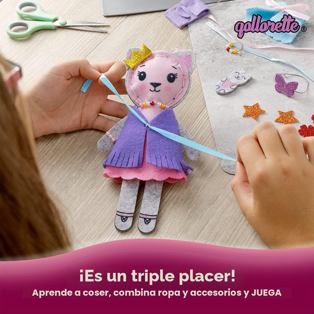qollorette Kit de costura de fieltro para niños, haz tu propio juguete de gatito, kit de manualidades para niños - Kit de costura Haz un amigo - Kit de costura para principiantes para niños, aprende a