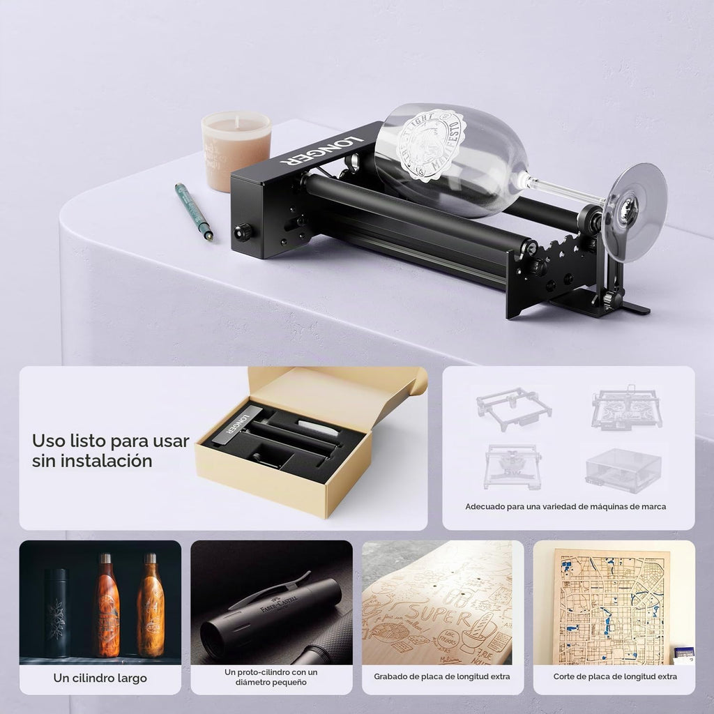 Longer Grabador láser nuevo rodillo rotativo, eje Y rotación de 360°, compatible con otras marcas de grabador, un buen socio para máquinas de grabado láser