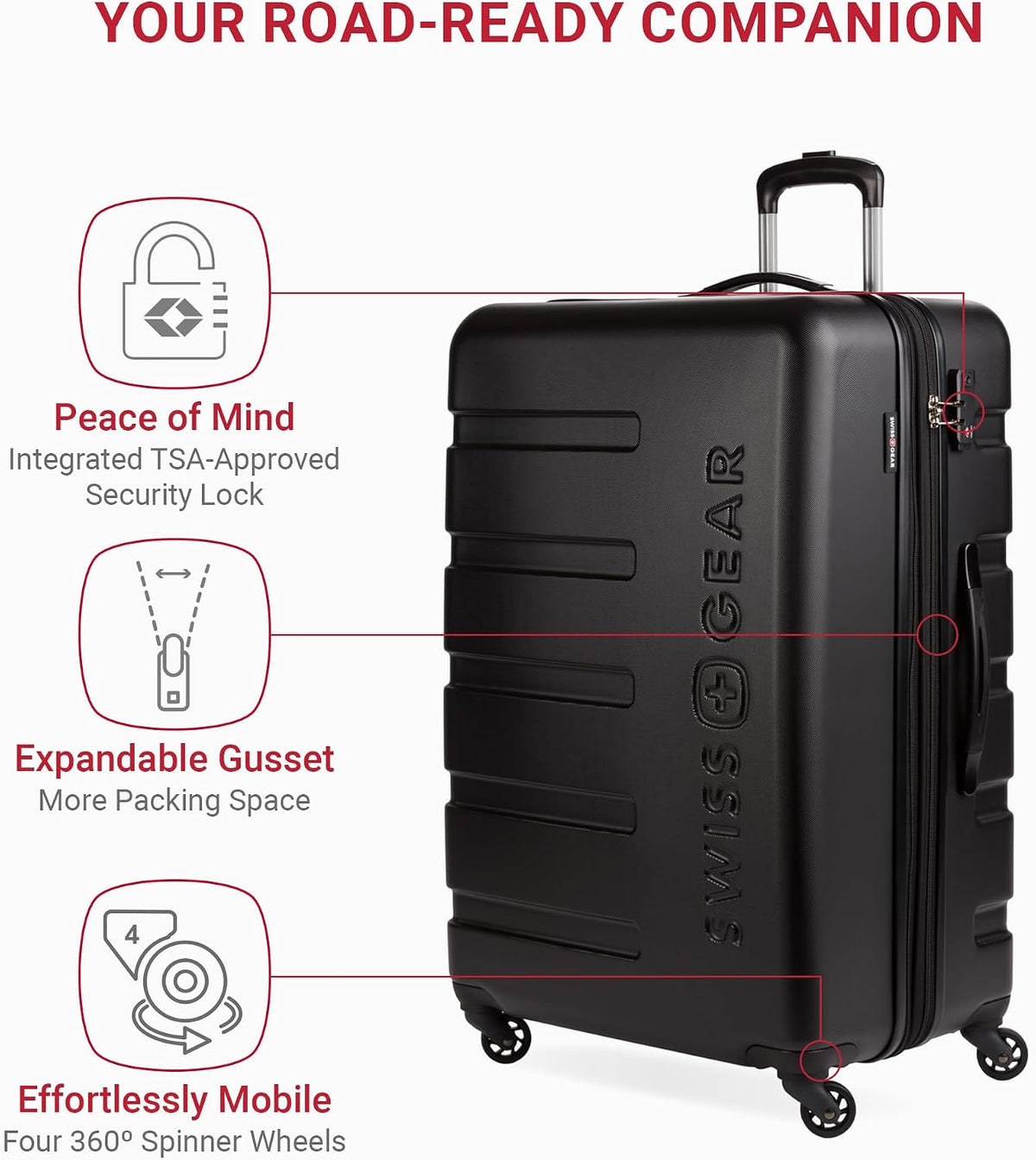 SwissGear 7366 Signature Hardside - Maleta expandible con ruedas giratorias, cerradura TSA, negro, cuadros, grande, 27 pulgadas