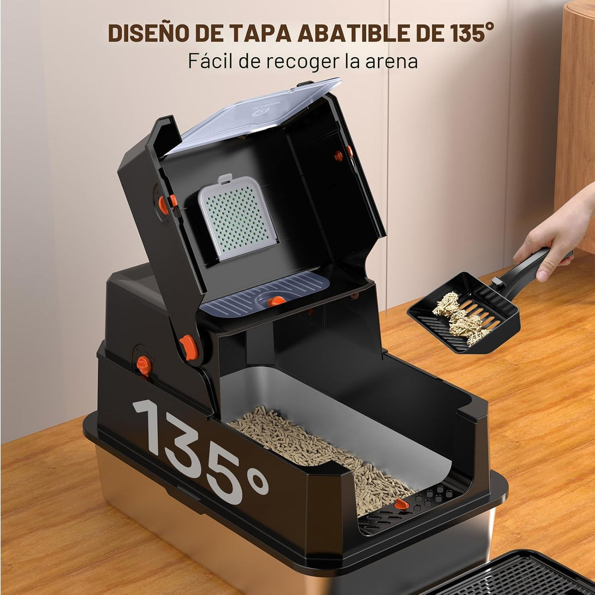 Caja de arena de acero inoxidable con tapa, caja de arena de metal cerrada anti-fugas, bandeja de arena extragrande para gato con pala y pedal de apertura abatible, sin olores, entrada frontal y superior dual, negro