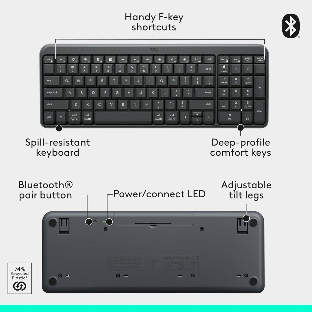 Logitech Teclado Bluetooth K250 con teclado numérico, fácil conecti...