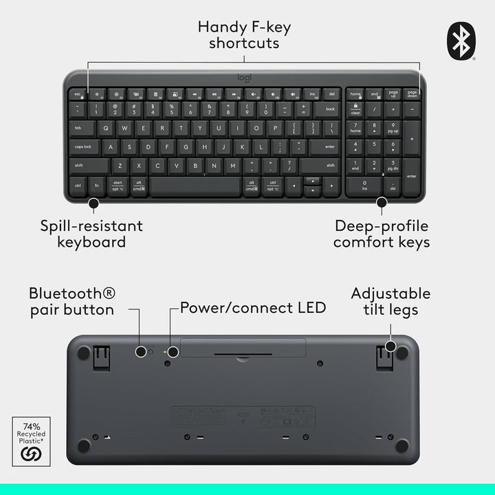 Logitech Teclado Bluetooth K250 con teclado numérico, fácil conecti...