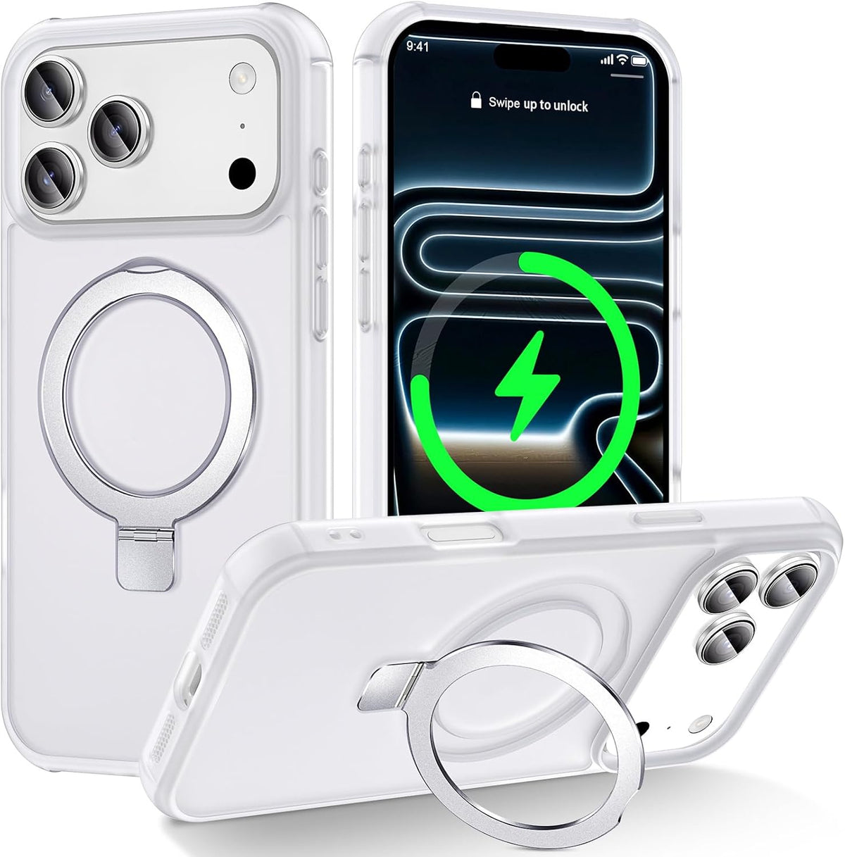 Compatible con iPhone 17 Pro Max Funda con Soporte, Blanco Escarchado