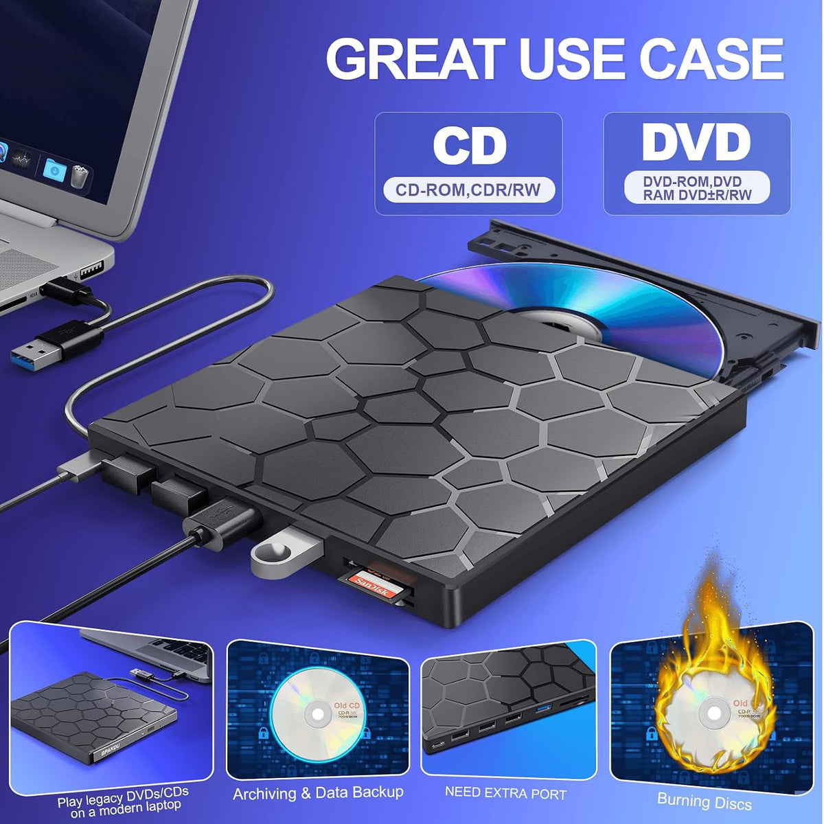 BPAKDU Unidad externa de CD\/DVD para portátil, reproductor de DVD...