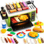 CUTE STONE Juguetes para microondas y horno con luz de sonido de niebla fría, parrilla de barbacoa para niños con comida de juego, plancha, accesorios de cocina de simulación, juguete de cocina para