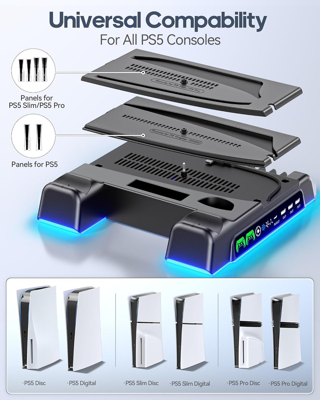 PS5\/Slim\/Pro Stand and Cooling Station with LED Controller Chargi...