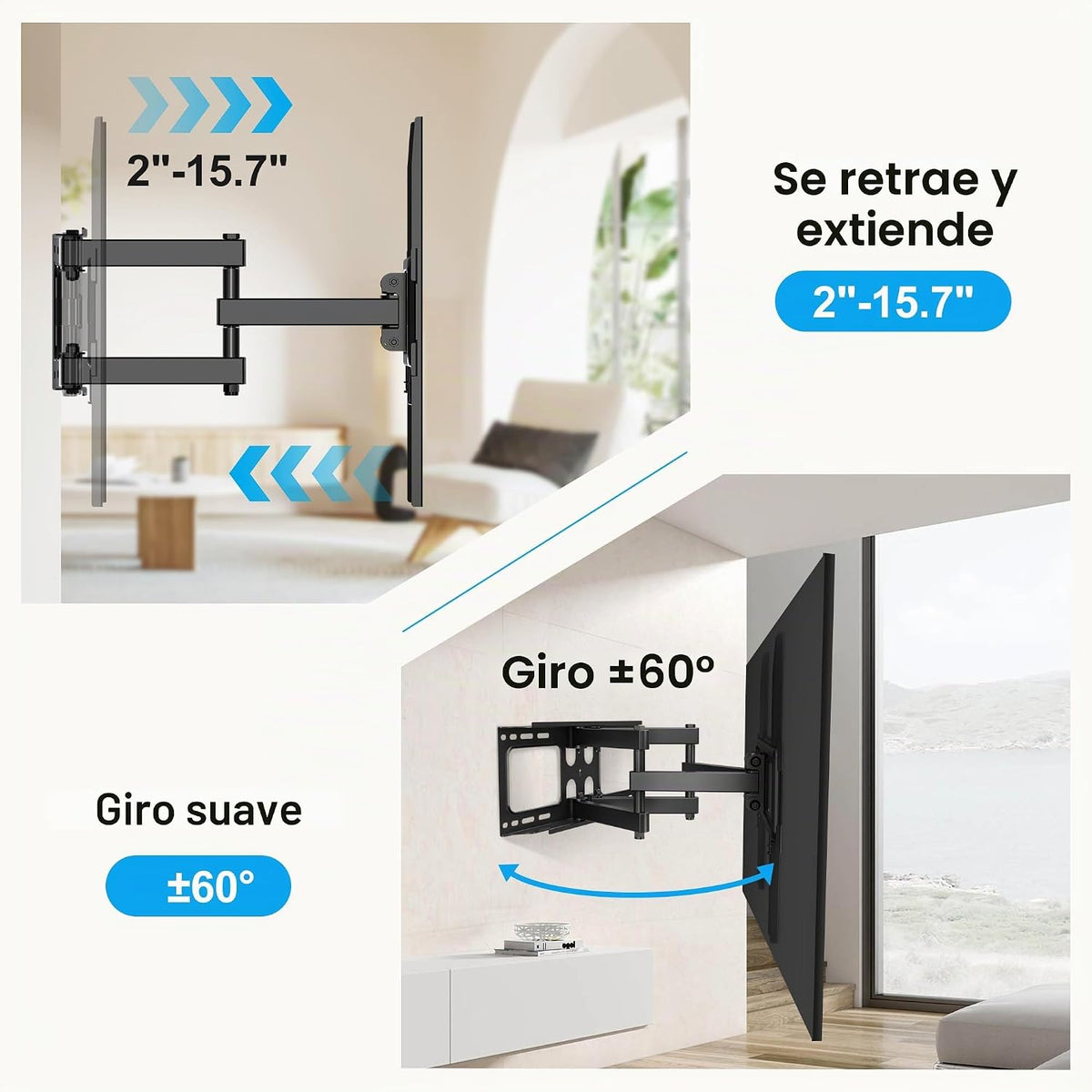 Soporte de pared para TV de movimiento completo para la mayoría de TV plana/curvada de 26"-70", soporte con inclinación giratoria con brazos articulados dobles, soporta 100 libras, VESA máx