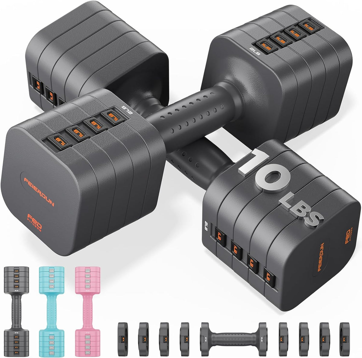 FEIERDUN DB3 - Juego de mancuernas ajustables 5 en 1, 6 libras/10 libras, pesas ajustables para mujeres en casa, pesas de mano estables de doble bloqueo con mango suave de TPU, gimnasio en casa