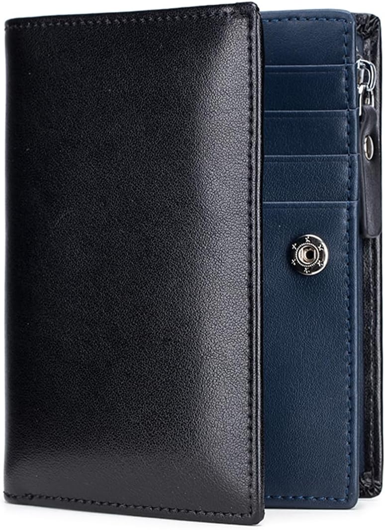 Karmiir Cartera vertical de cuero plegable RFID para hombre con bolsillo para monedas con cremallera, múltiples ranuras para tarjetas, ventana de identificación y compartimentos dobles para billetes