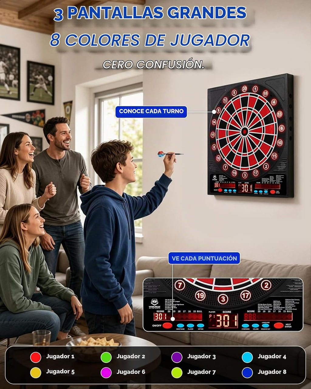 WIN.MAX Electronic Dart Board para Adultos, Puntuación Automática, Punta Blanda