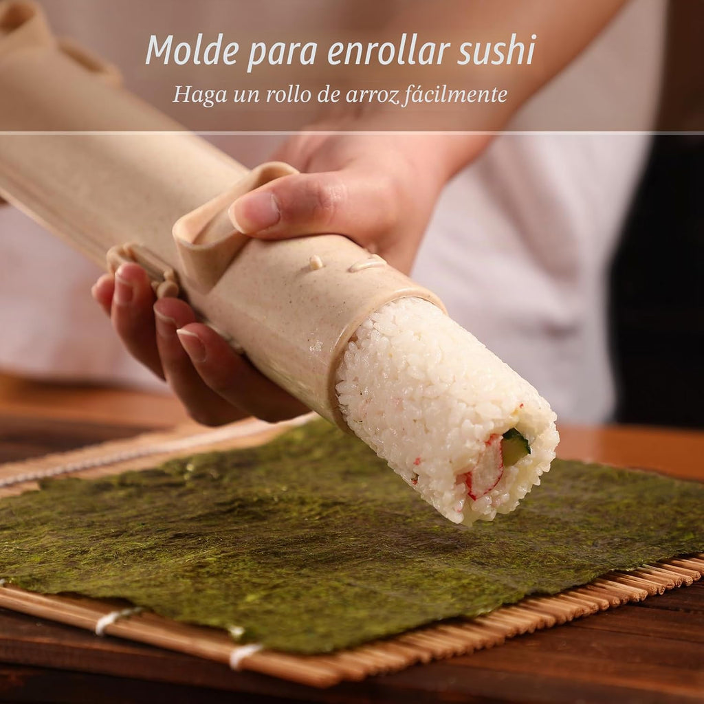 Delamu Kit de fabricación de sushi, kit de rodillo de bazooker 22 en 1 con alfombrillas de bambú, cuchillo de chef, molde de arroz para sushi triángulo/nigiri/gunkan, palillos, platos de salsa, esparcidor de arroz, guía del usuario (idioma español no