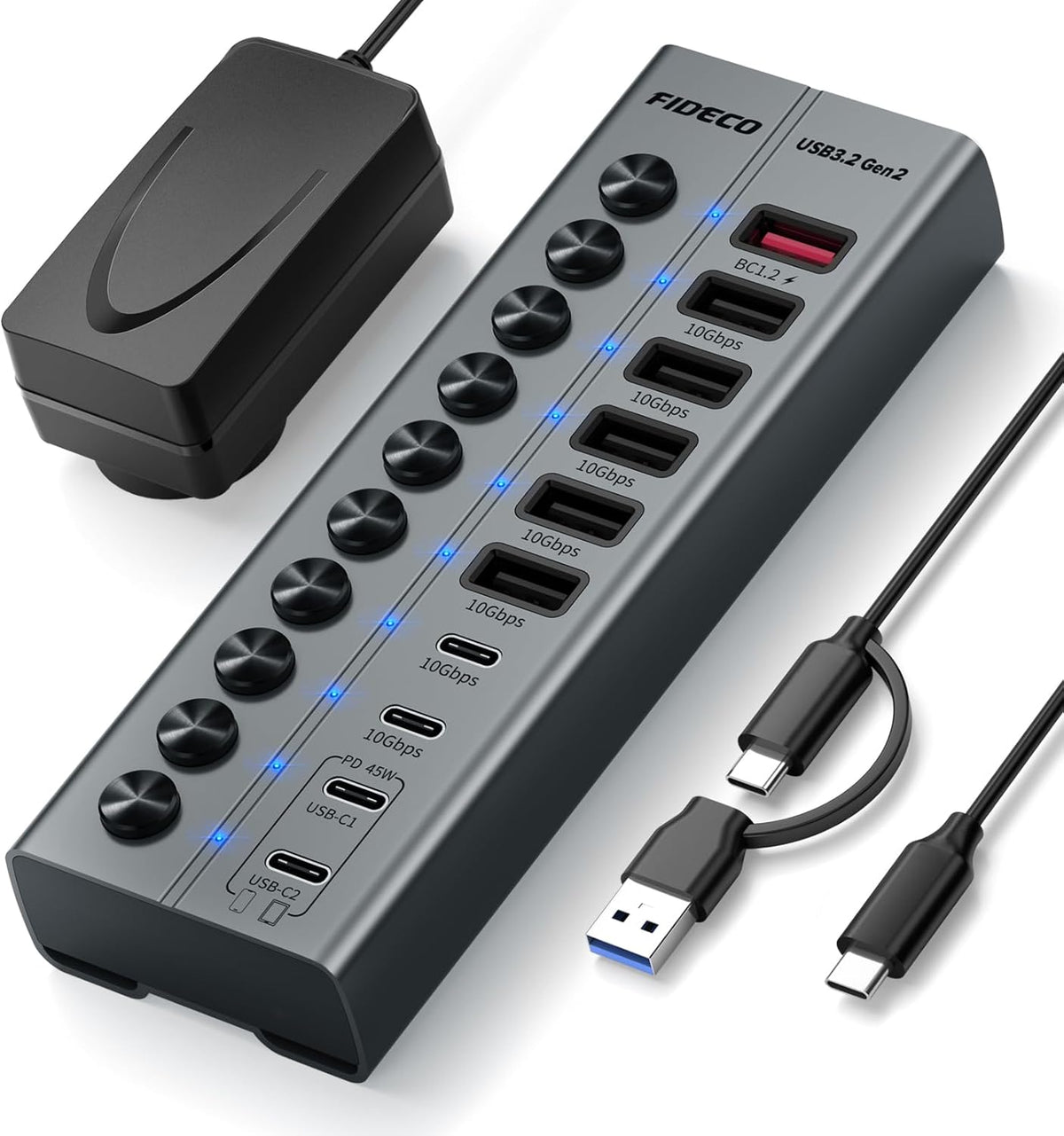 FIDECO, HCA162PD, hub USB de 10 puertos, alimentado