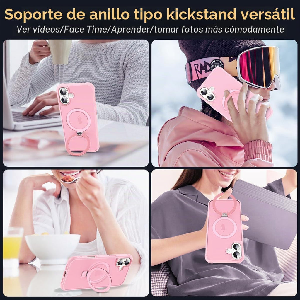 SKYLMW - Funda compatible con iPhone 16 con soporte magnético invisible tipo anillo, funda de grado militar para iPhone 16 de 6.1 pulgadas, compatible con MagSafe, gran sensación de agarre, rosa