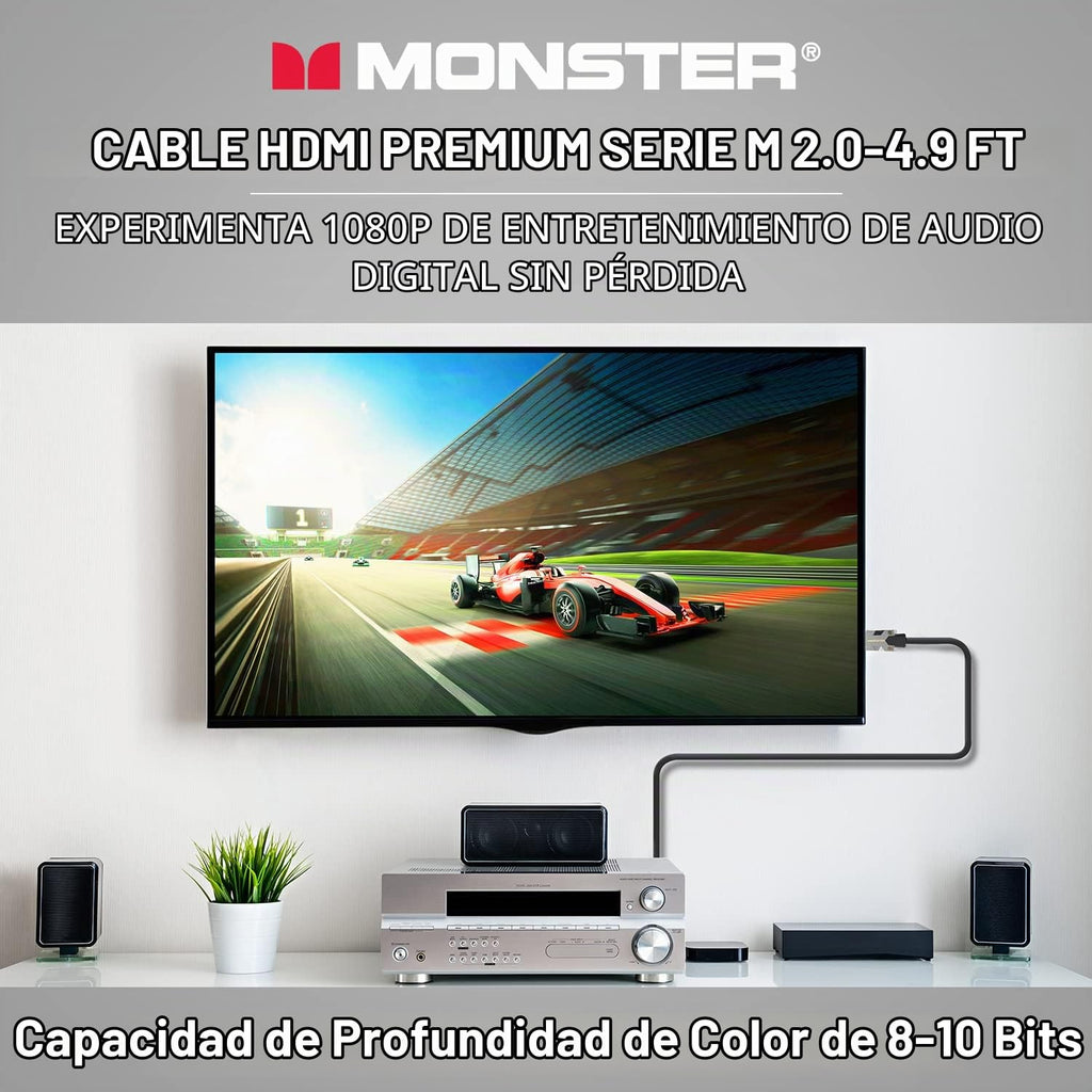 Monster Cable HDMI 2.0 de alta calidad certificado Serie M, 22.5 Gbps, 4K UHD 60Hz, blindaje de triple capa, chaqueta Duraflex, cable HDMI para TV, monitor, juegos, PC, 4.9 pies