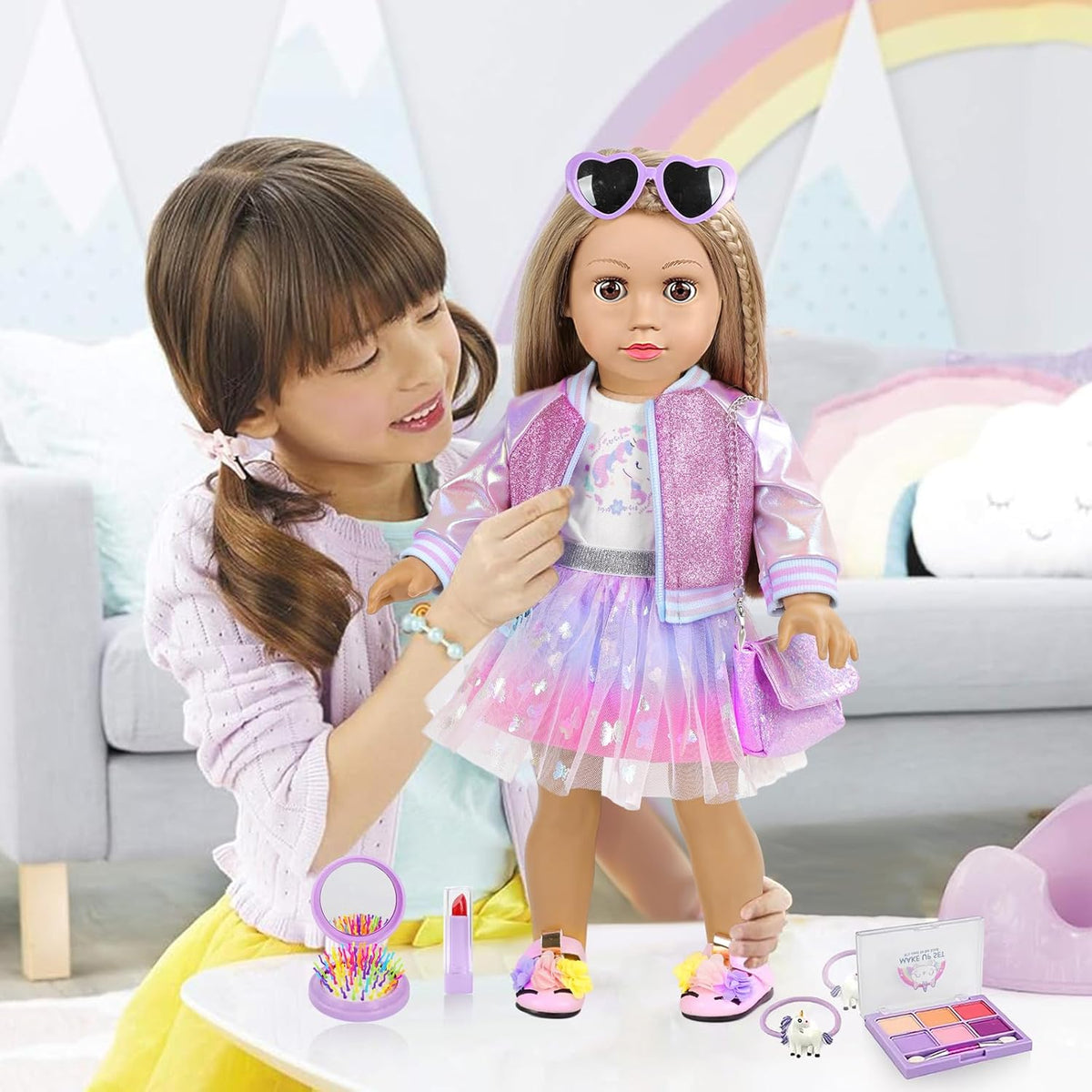 Set de Maquillaje y Ropa para Muñeca Americana de 18 Pulgadas Incluye Ropa y Zapatos