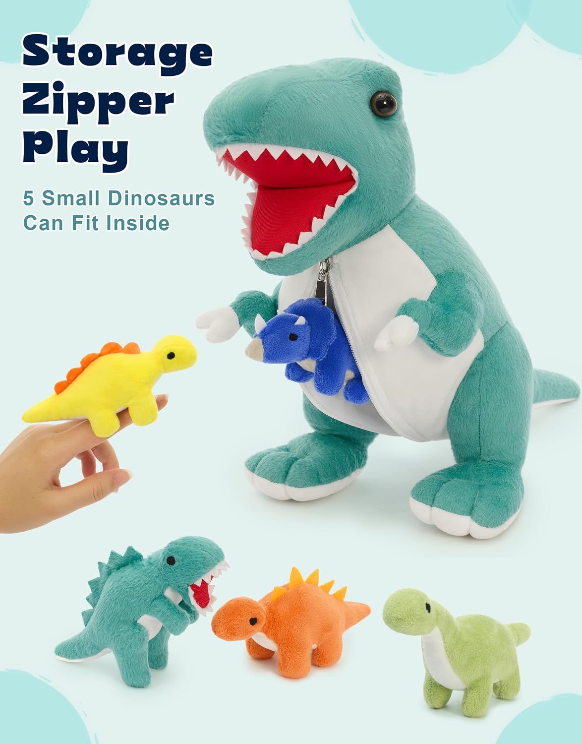 Muiteiur Animal de peluche de dinosaurio azul con 5 bebés, juego de peluche