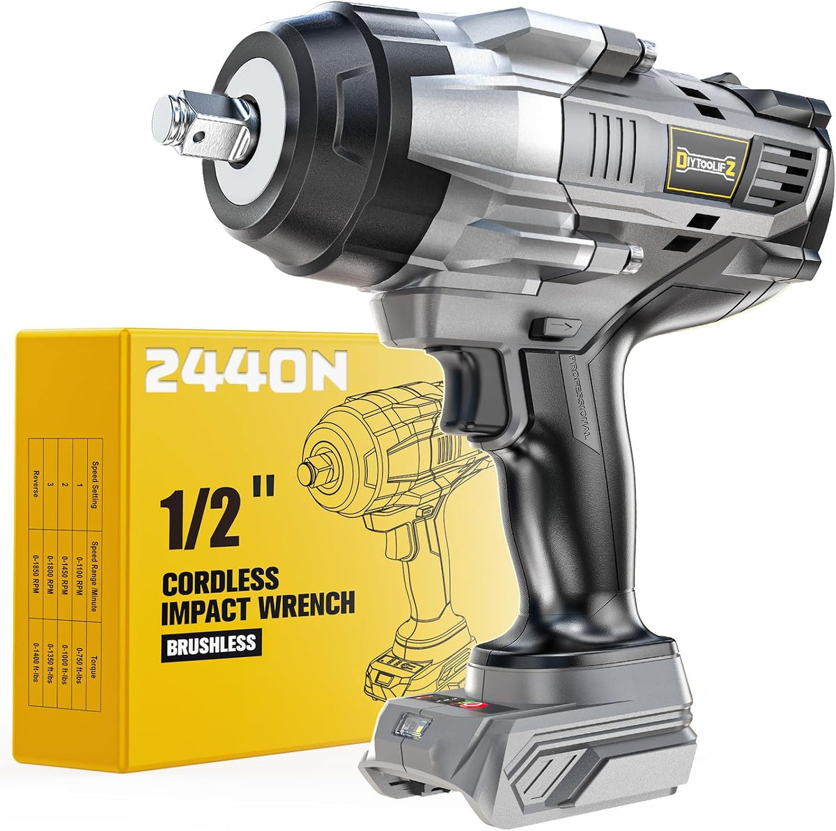Llave de impacto inalámbrica de 1800 pies-libras (2440 Nm) de 1/2 pulgada