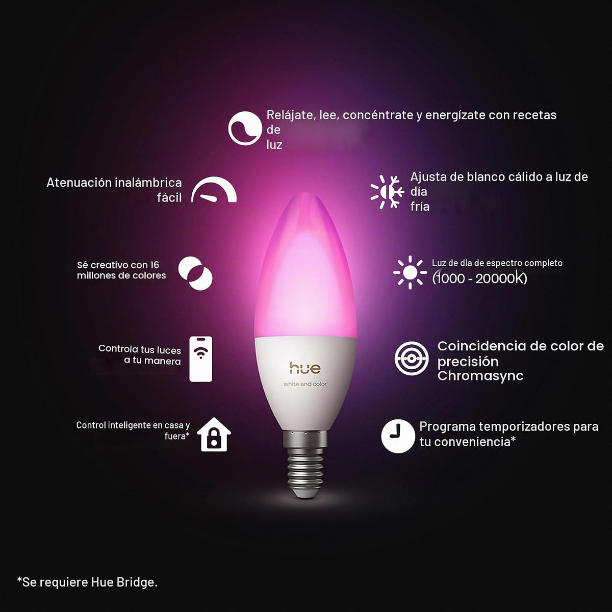 Philips Hue Bombilla LED inteligente para vela, B39, E12, 1 paquete, ambiente blanco y color, luz de espectro completo 1000K-20000K, 470 lm, atenuación ultrabaja, Chromasync, Alexa, Google Home, Apple