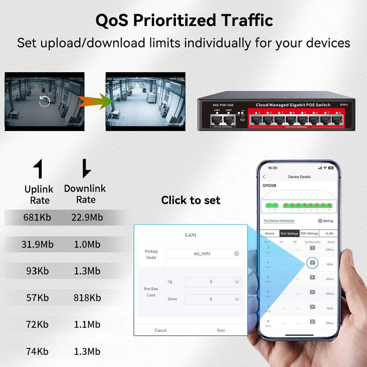 Switch Gigabit PoE de 8 puertos con enlace ascendente de 2 Gigabit, alimentación integrada de 120 W, compatible con 802.3af/at, conmutador PoE+ administrado compatible con VLAN, QoS, metal sin ventilador, Plug and Play (montaje en escritorio/pared)