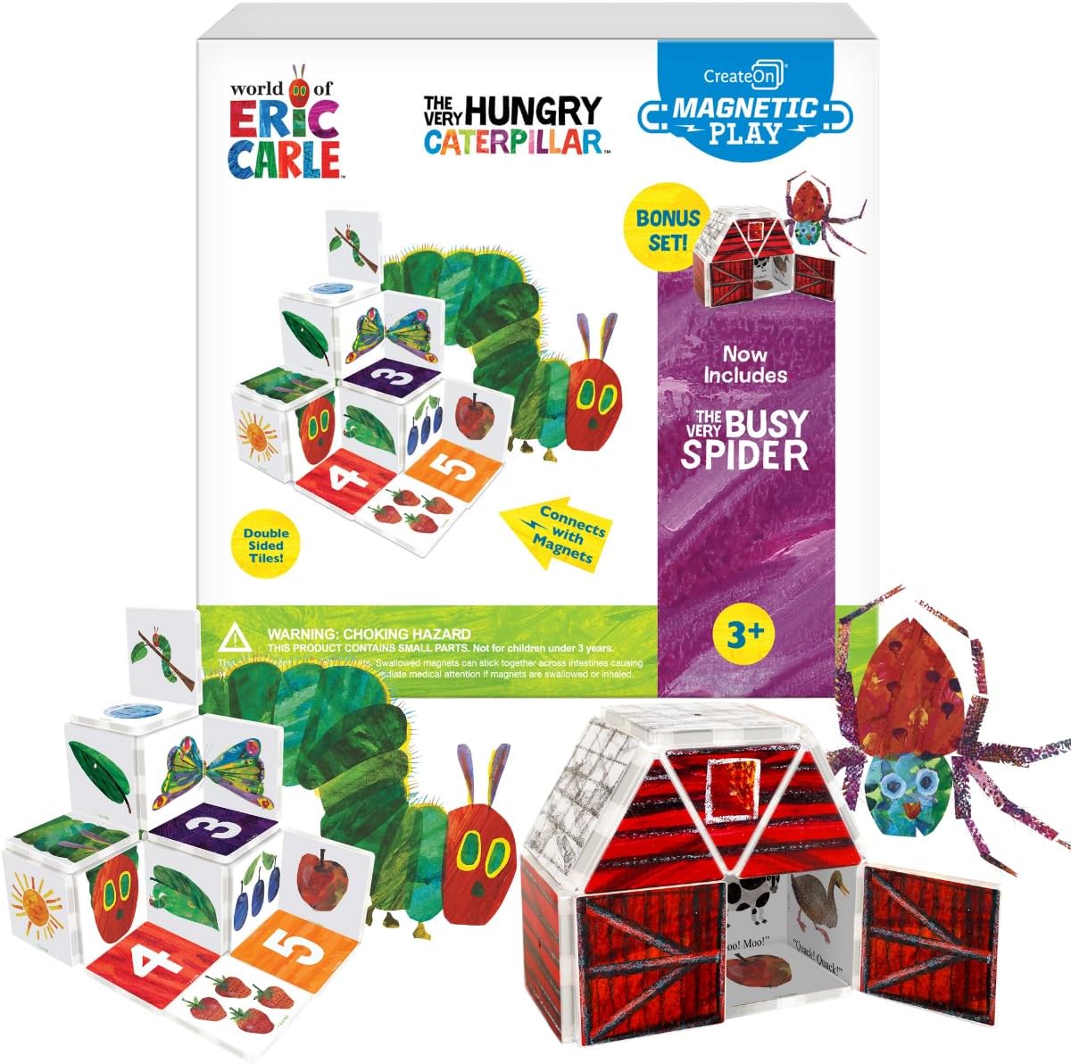 CreateOn Eric Carle La oruga muy hambrienta y araña muy ocupada juego de juego de construcción magnético, juguetes de construcción magnéticos, educativos, herramientas STEM y Montessori, azulejos