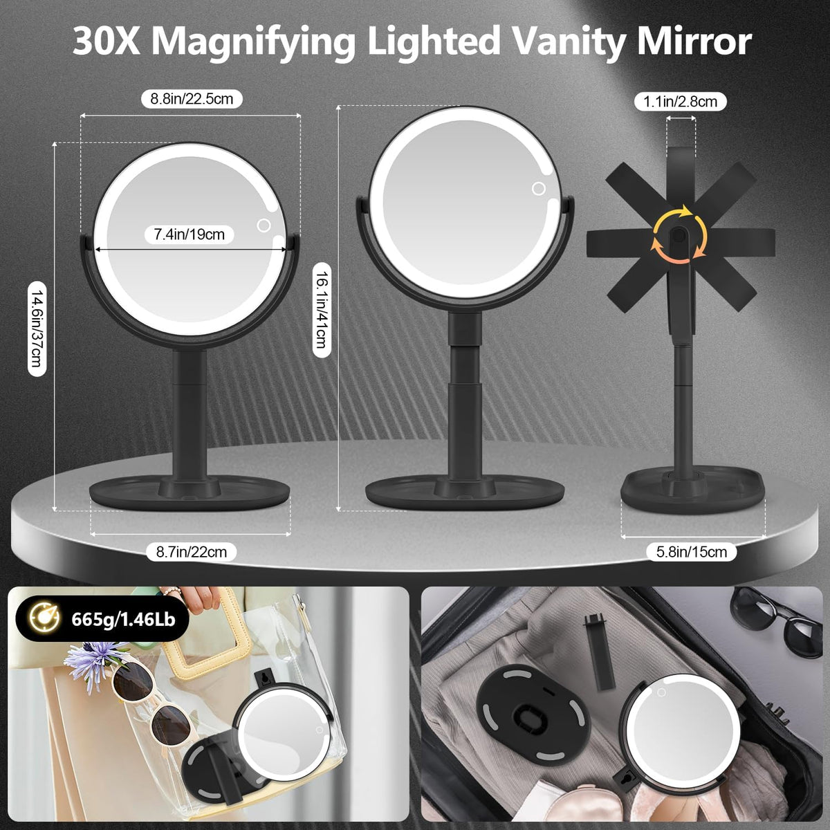 MIYADIVA Espejo de Maquillaje con Luzes, Espejo de 30X con Luz y Interruptor Táctil, Espejo de Volver con 3 Colores de Luz y 80 LEDs, Espejo de Escritorio con Luz Ajustable en Altura, Negro