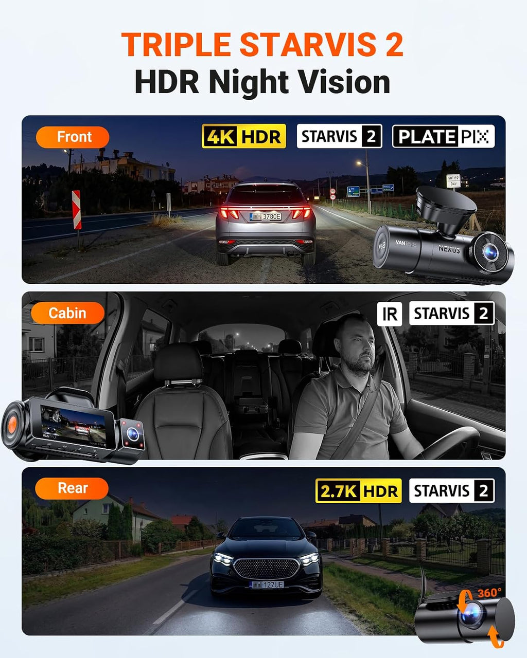 Vantrue N4 Pro S 4K Cámara de tablero de 3 canales, triple cámara STARVIS 2