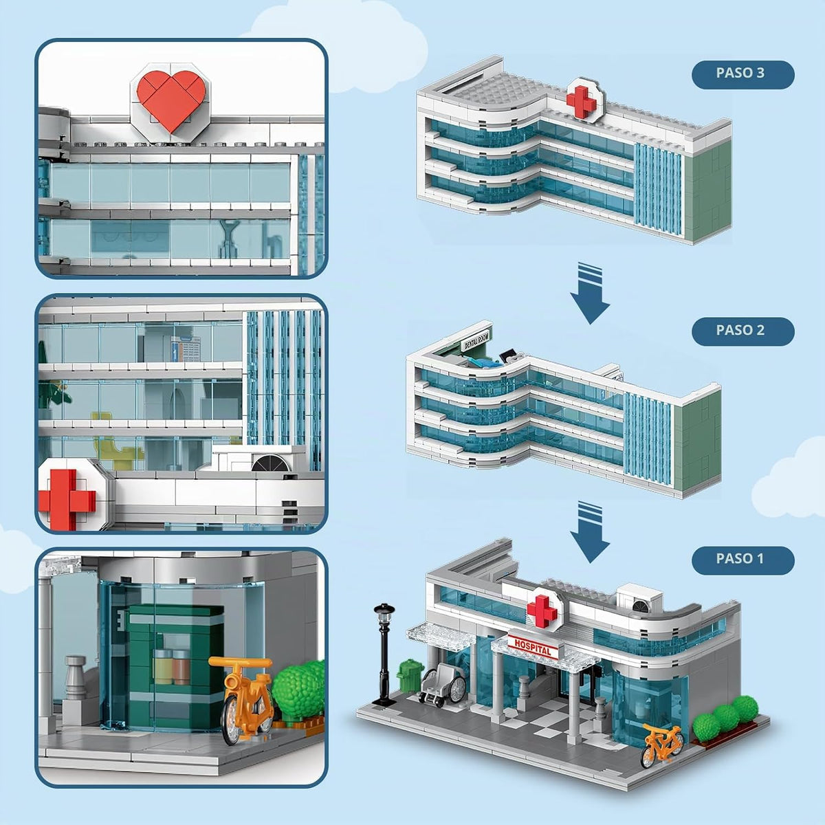 NEWABWN City Hospital Building Set 1350pc LED Lighting Modular Architecture