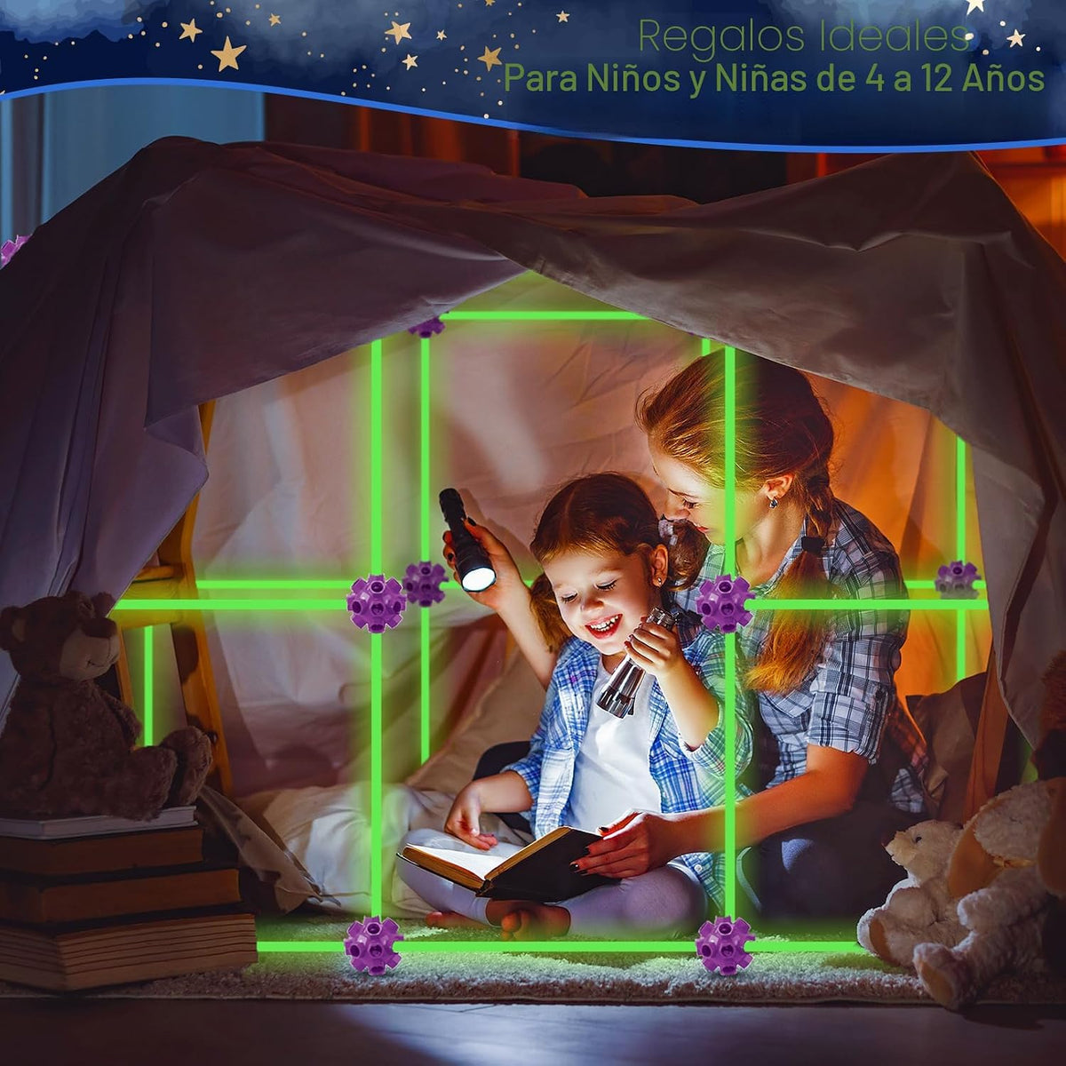 140 Pack Kits de Construcción de Fuertes con Brillo en la Oscuridad para Niños de 4, 5, 6, 7, 8+ Años de Edad, Juguetes de Construcción STEM para Castillos, Túneles, Regalos Ideales para