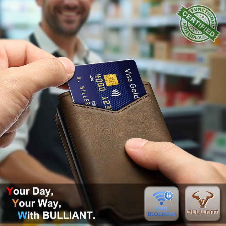 BULLIANT Billetera de cuero para hombre, tarjetero con clip para di...