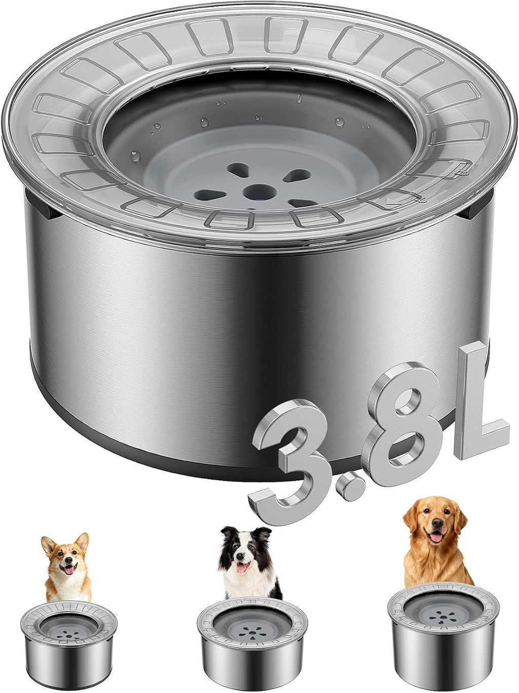 Heouvo Cuenco de agua grande de 1 galón para perro, sin derrames, tapa antiexcavación y parte inferior de goma: cuenco para perro a prueba de derrames, antisalpicaduras, sin goteo, agua de acero