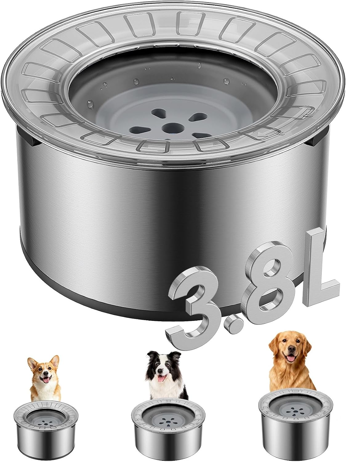 Heouvo Cuenco de agua grande de 1 galón para perro, sin derrames, tapa antiexcavación y parte inferior de goma: cuenco para perro a prueba de derrames, antisalpicaduras, sin goteo, agua de acero