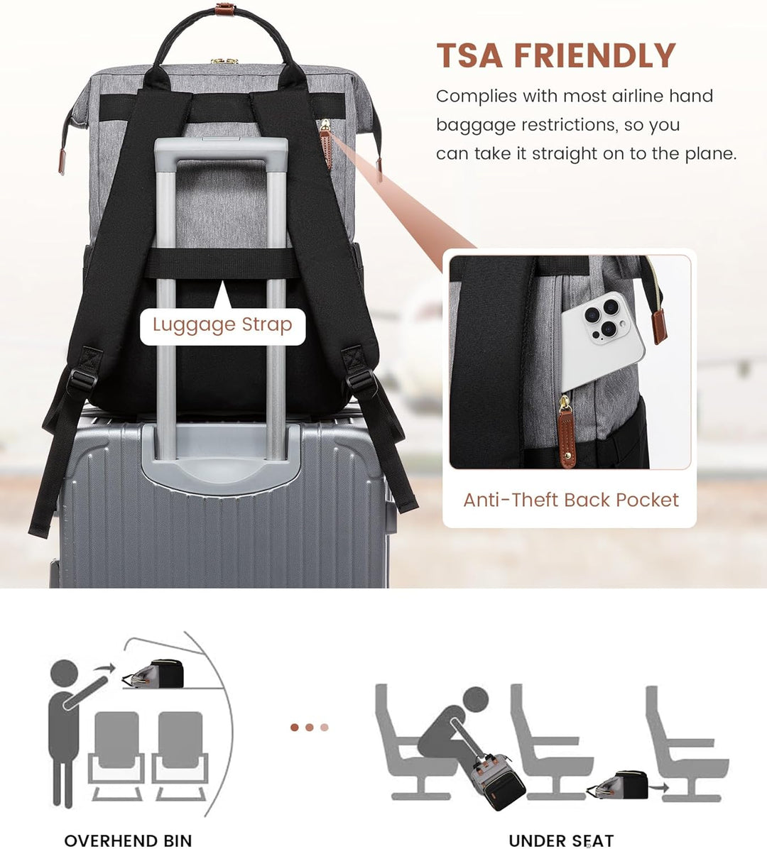 Mochila para laptop LOVEVOOK para mujer, Negro gris