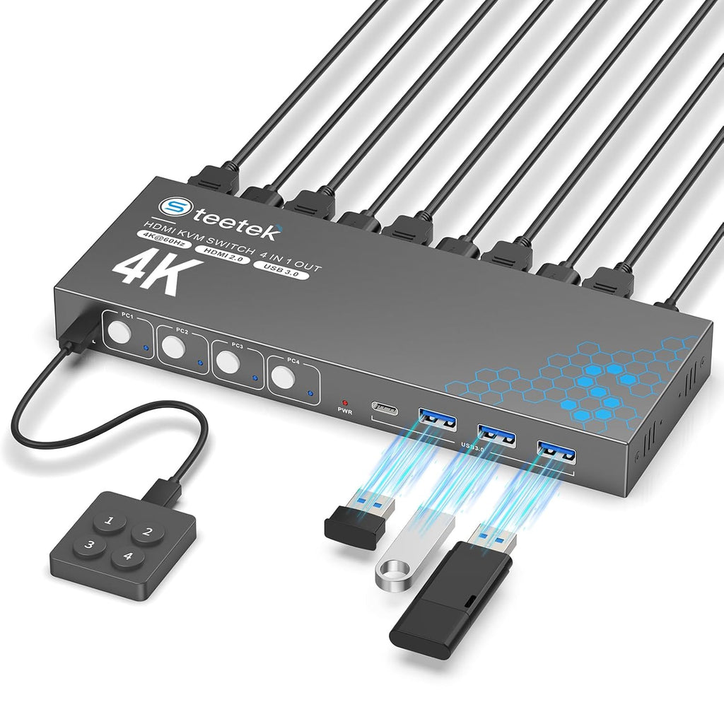 Hearvo Conmutador KVM HDMI USB 3.0 para 4 computadoras 1 monitor, 4K @60Hz