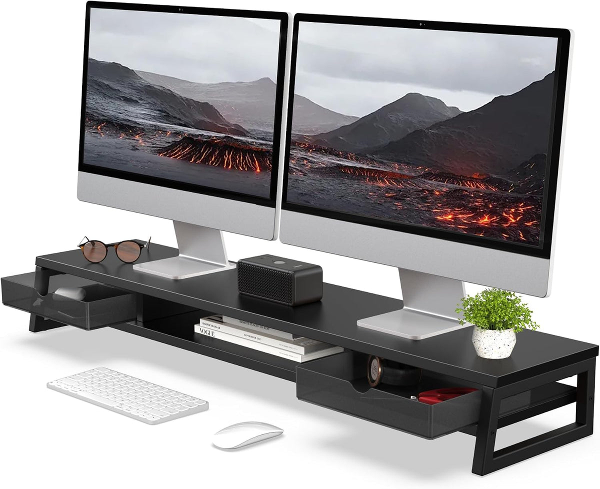 Fenge - Elevador de soporte para monitor doble, estante de escritorio de 42.5 pulgadas con 2 cajones, color negro