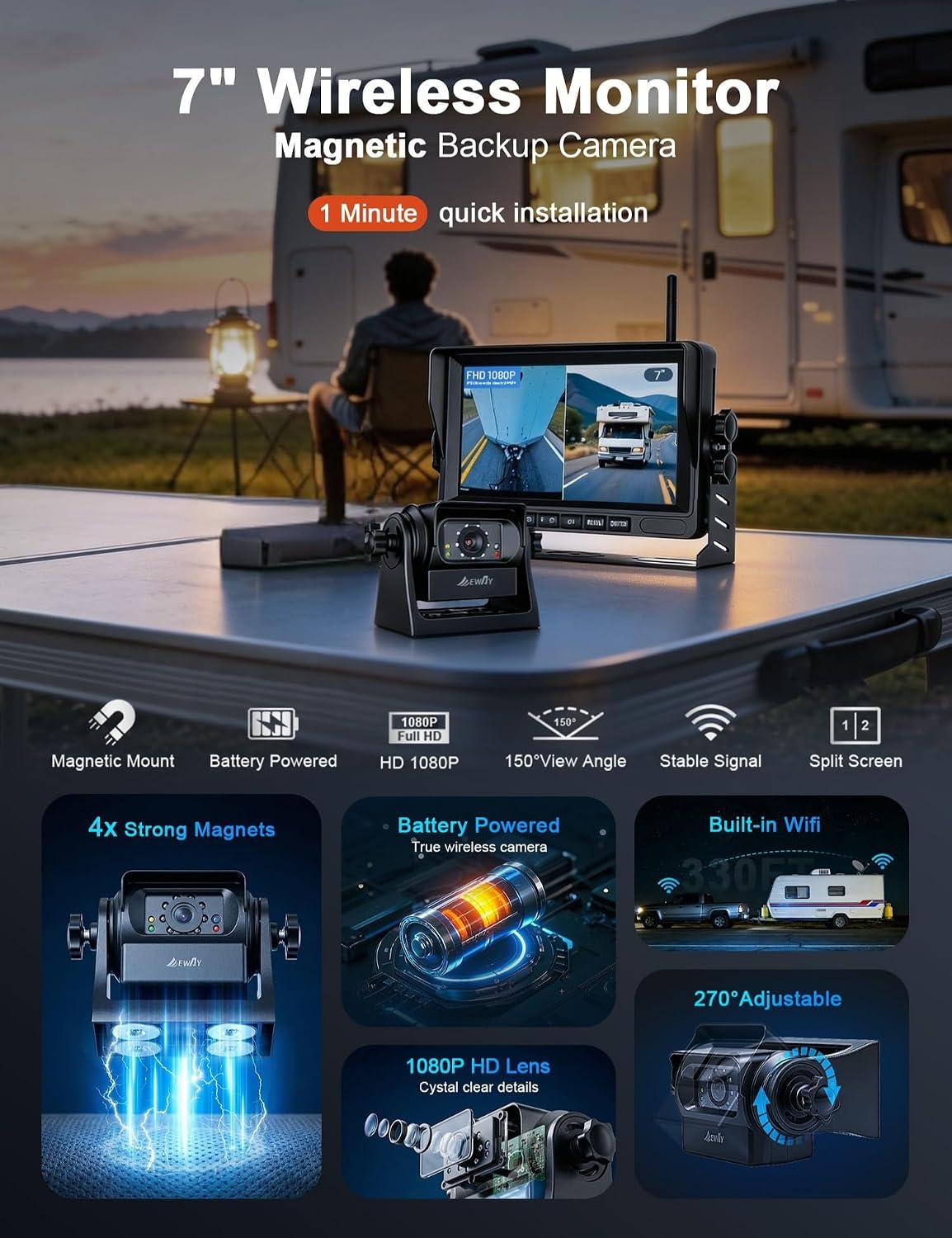 EWAY Cámara de respaldo magnética inalámbrica WiFi de 7 pulgadas, monitor IPS HD 1080P, batería recargable sin cableado, cámara de enganche de visión trasera para automóvil, camión, camioneta
