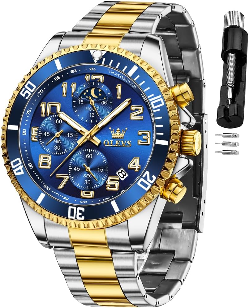 OLEVS Reloj de caballero Cronógrafo de lujo con fases de la luna, dos tonos, acero inoxidable, a prueba de agua, luminiscente, calendario empresarial, reloj de pulsera