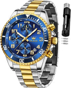 OLEVS Reloj de caballero Cronógrafo de lujo con fases de la luna, dos tonos, acero inoxidable, a prueba de agua, luminiscente, calendario empresarial, reloj de pulsera