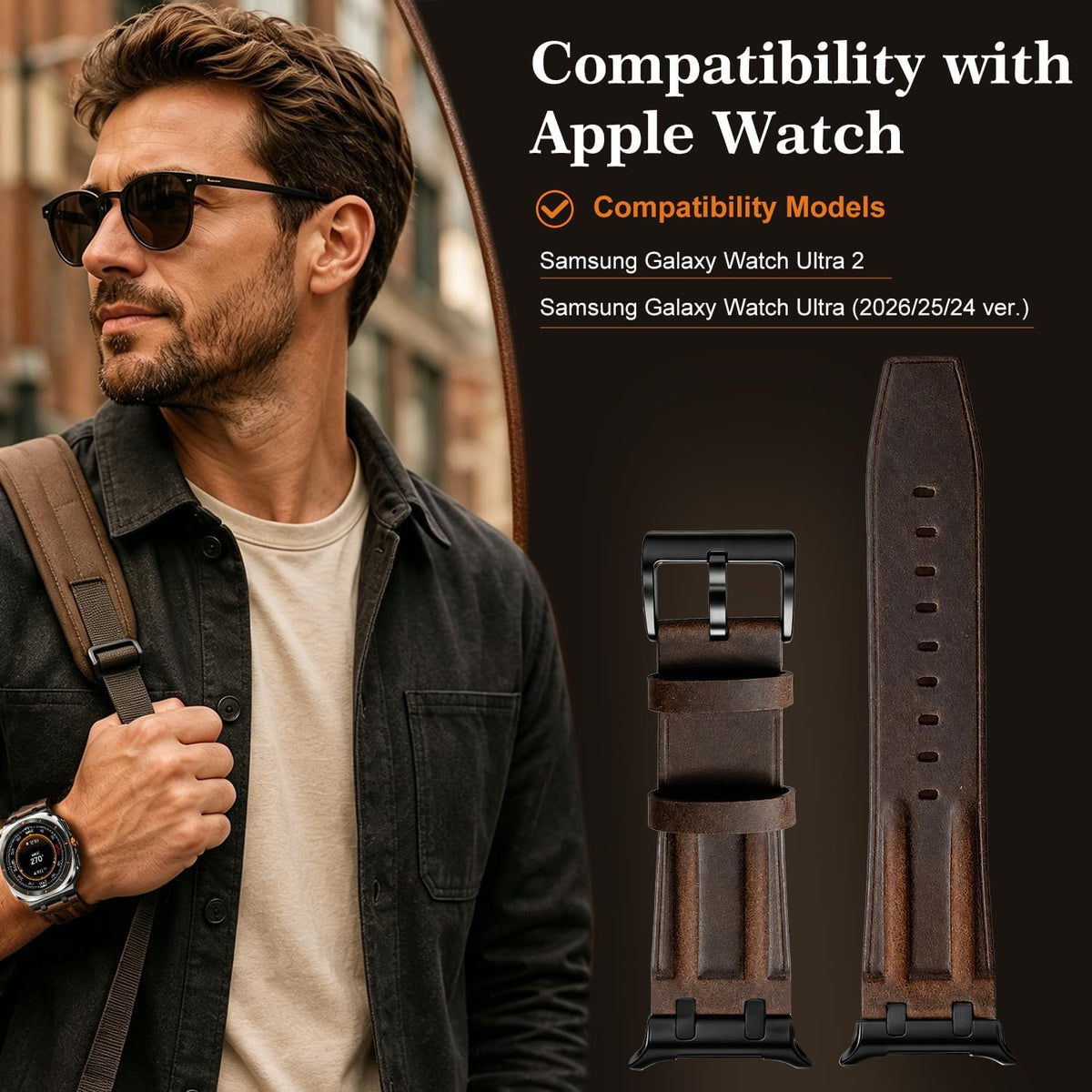 Correa de cuero retro compatible con Samsung Galaxy Watch Ultra 2/1 de