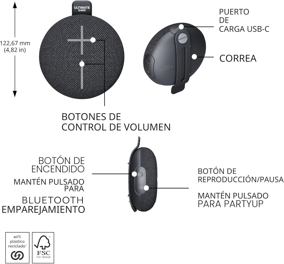 Ultimate Ears MINIROLL Altavoz Bluetooth ultra portátil impermeable...