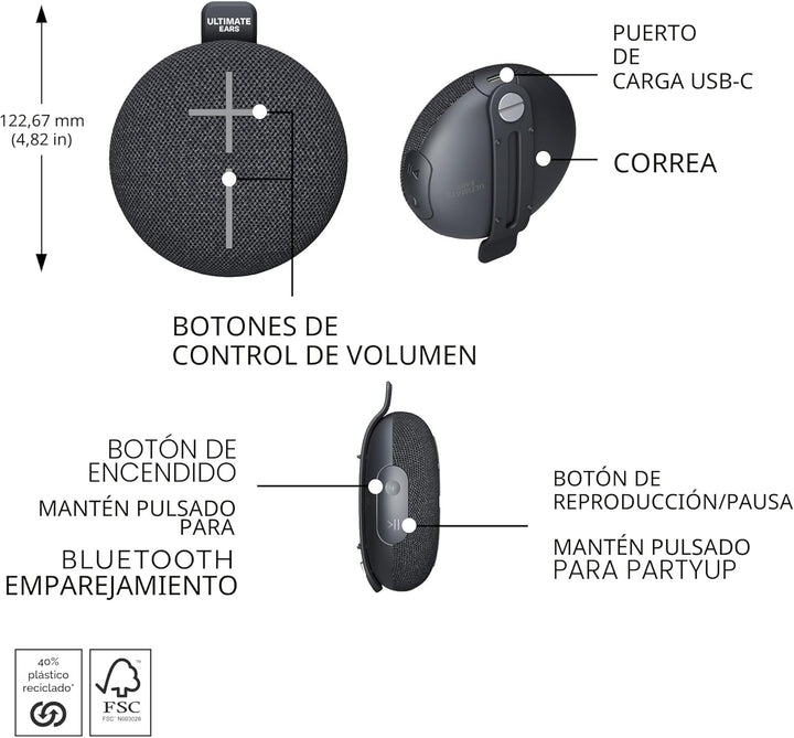 Ultimate Ears MINIROLL Altavoz Bluetooth ultra portátil impermeable...