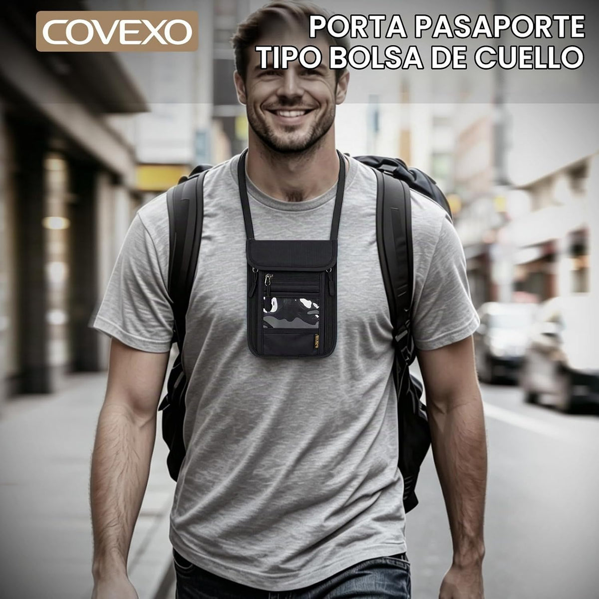 Cartera de cuello con bloqueo RFID, bolsa oculta para pasaporte de viaje, oculta debajo de la ropa, seguridad antirrobo, ajustable y ligera para vacaciones, aeropuertos, Negro, Bolsa de cuello